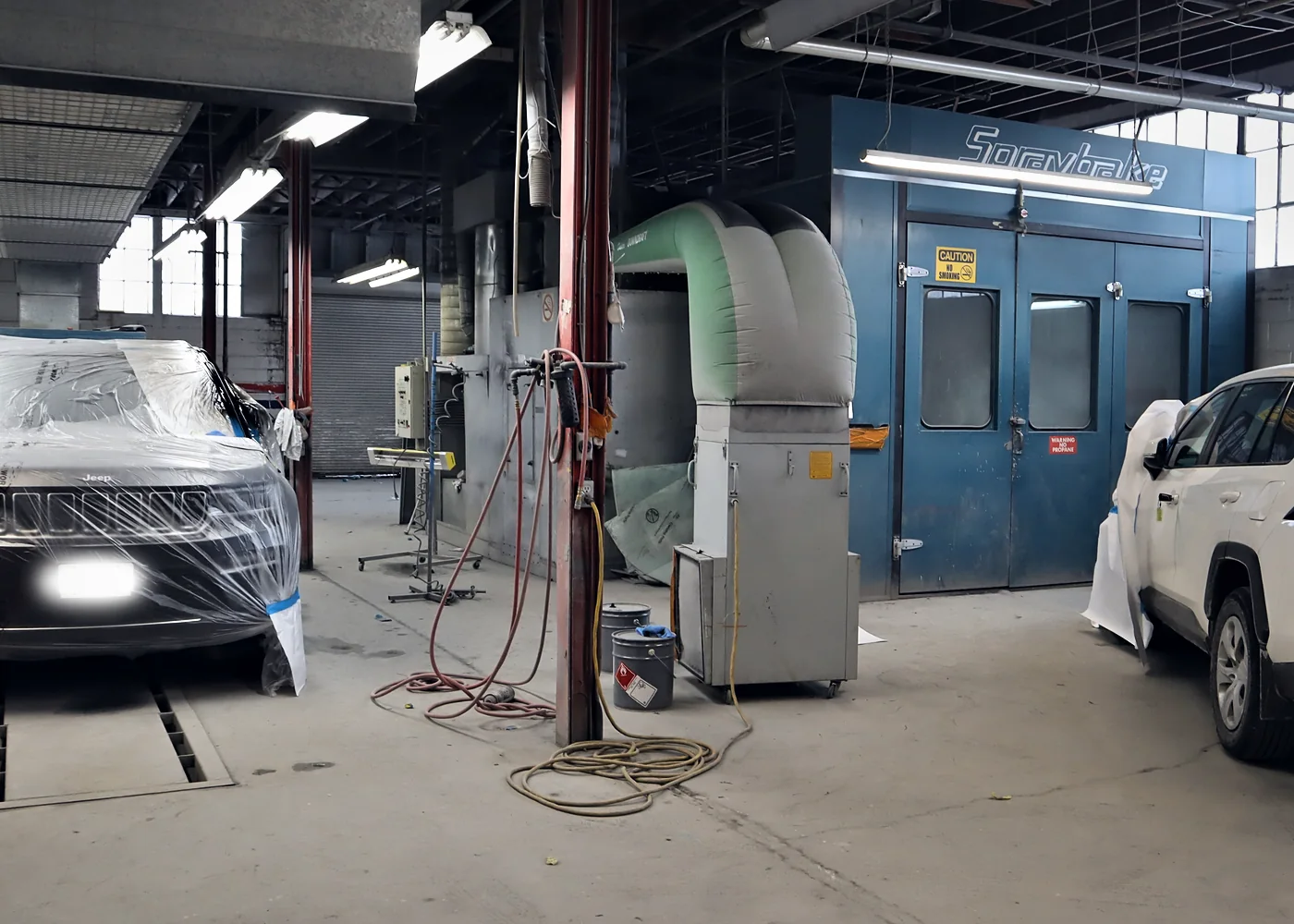 The paint booth and prep area